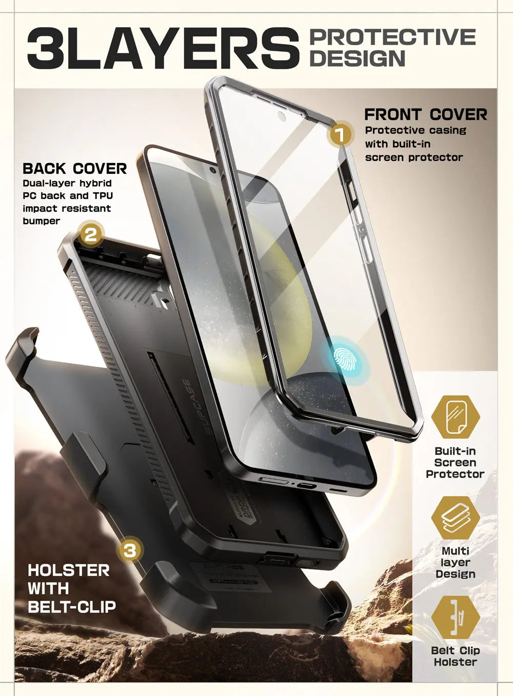 UB Pro Heavy Duty Rugged Case for Samsung Galaxy S25 Plus with Dual Front Frames & Built-in Screen Protector