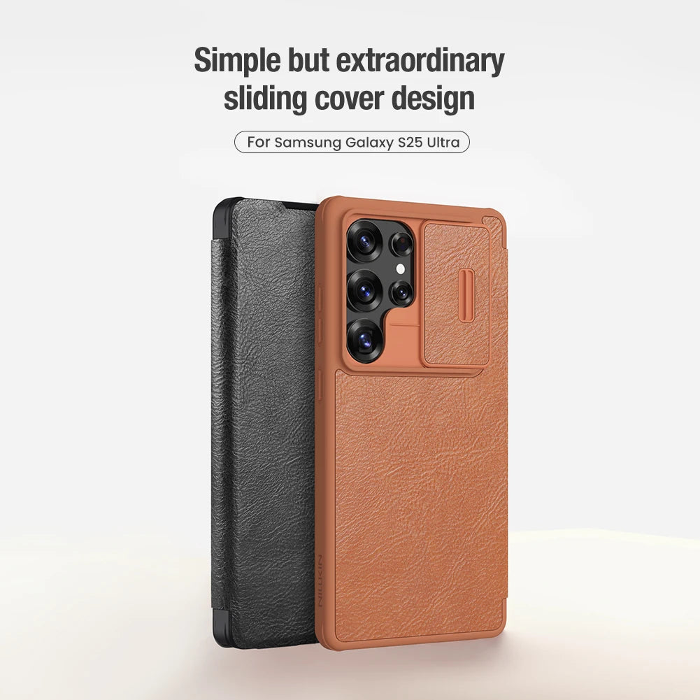 Samsung S25 Plus Flip Leather Case with Camera Cover & Card Slot | Premium