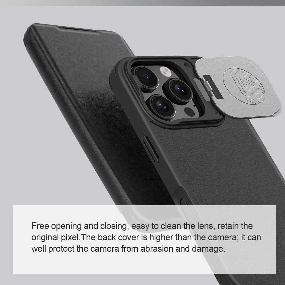iPhone 16 Leather Flip Case - Card Pocket & Lens Holder