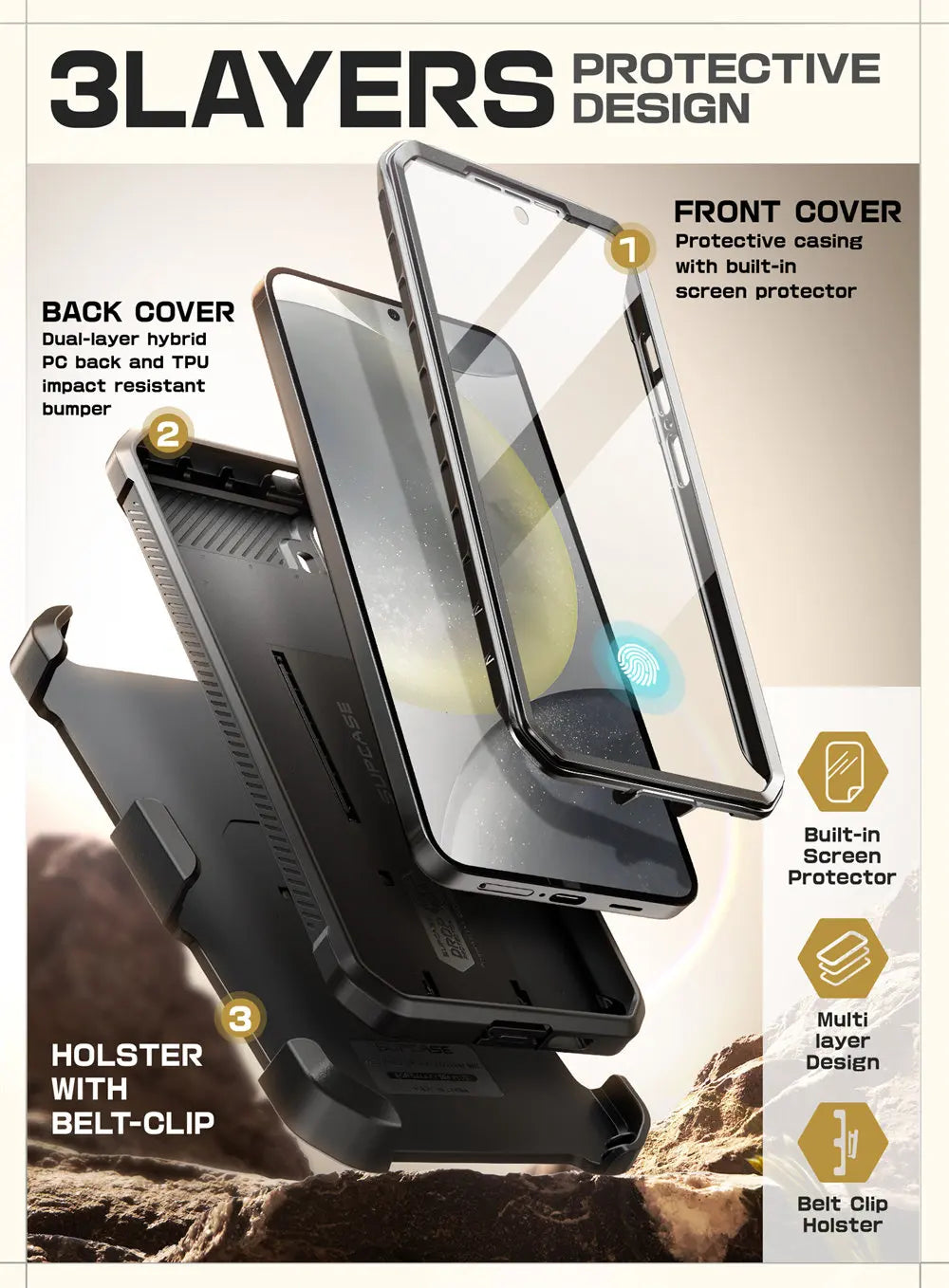 UB Pro Heavy Duty Rugged Case for Samsung Galaxy S25 with Dual Front Frames & Built-in Screen Protector