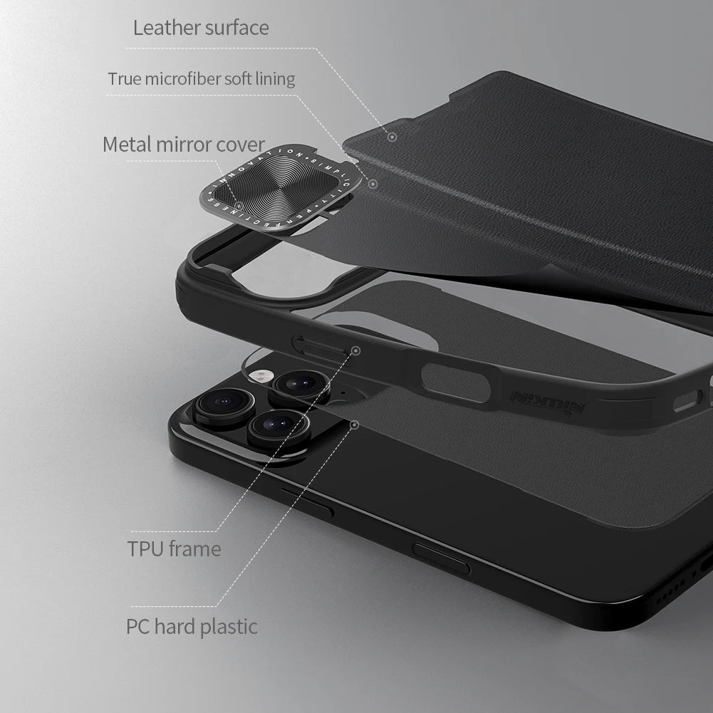 iPhone 16 Leather Flip Case - Card Pocket & Lens Holder