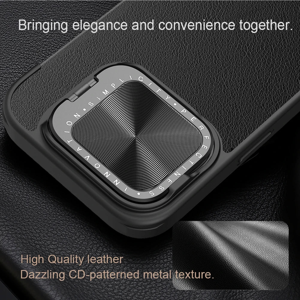 iPhone 16 Leather Flip Case - Card Pocket & Lens Holder