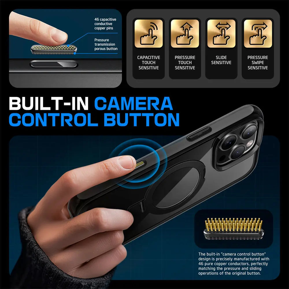 iPhone 16 Pro Max – Clear Magnetic Case with Kickstand & Camera Button