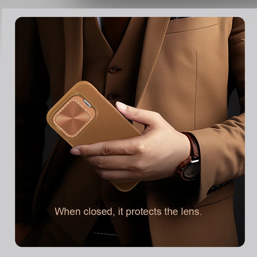 iPhone 16 Leather Flip Case - Card Pocket & Lens Holder