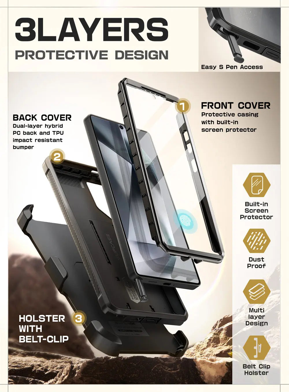 UB Pro Heavy Duty Rugged Case for Samsung Galaxy S25 Ultra with Dual Front Frames & Built-in Screen Protector