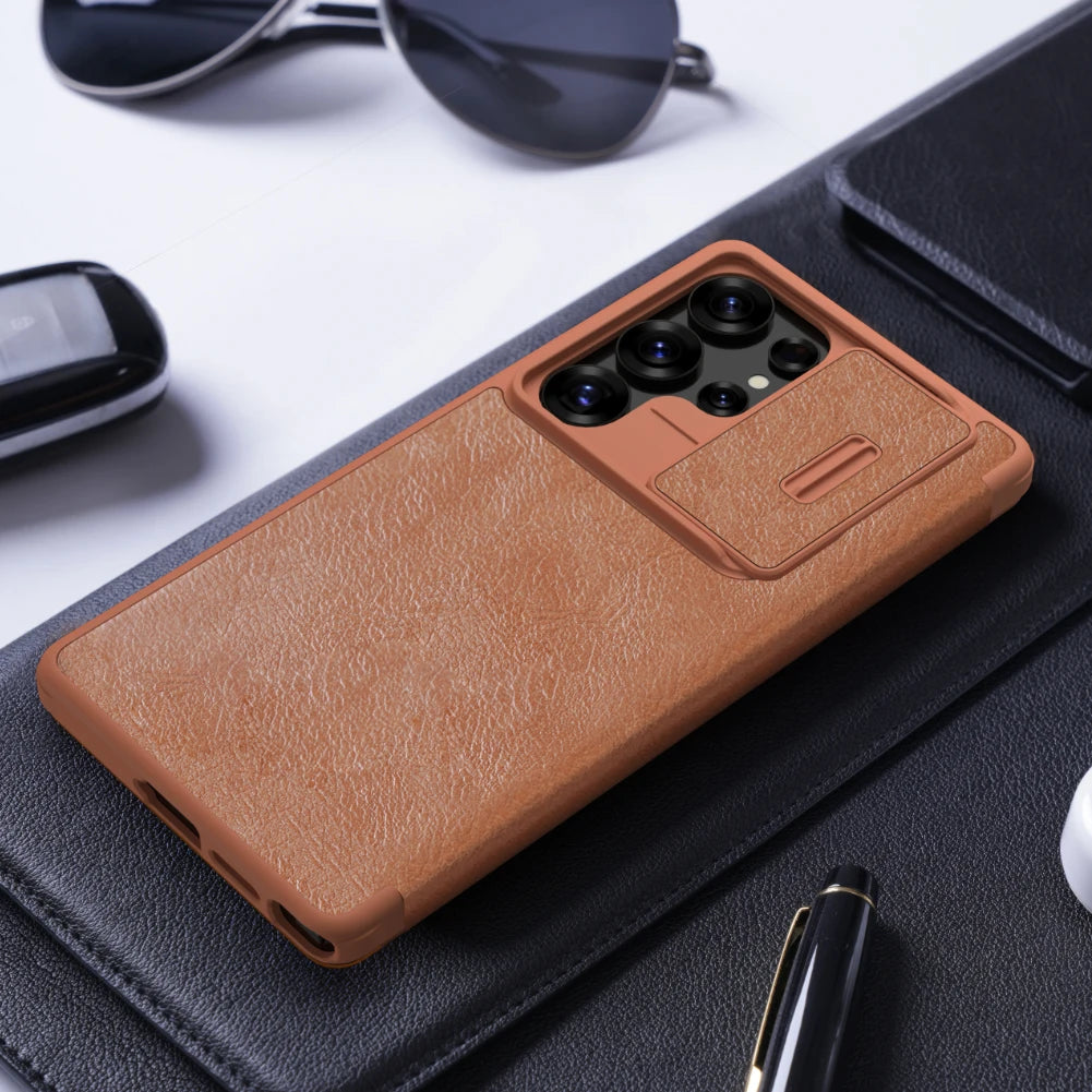 Samsung S25 Plus Flip Leather Case with Camera Cover & Card Slot | Premium