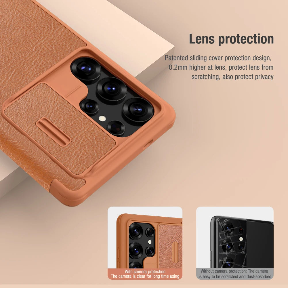 Samsung S25 Plus Flip Leather Case with Camera Cover & Card Slot | Premium