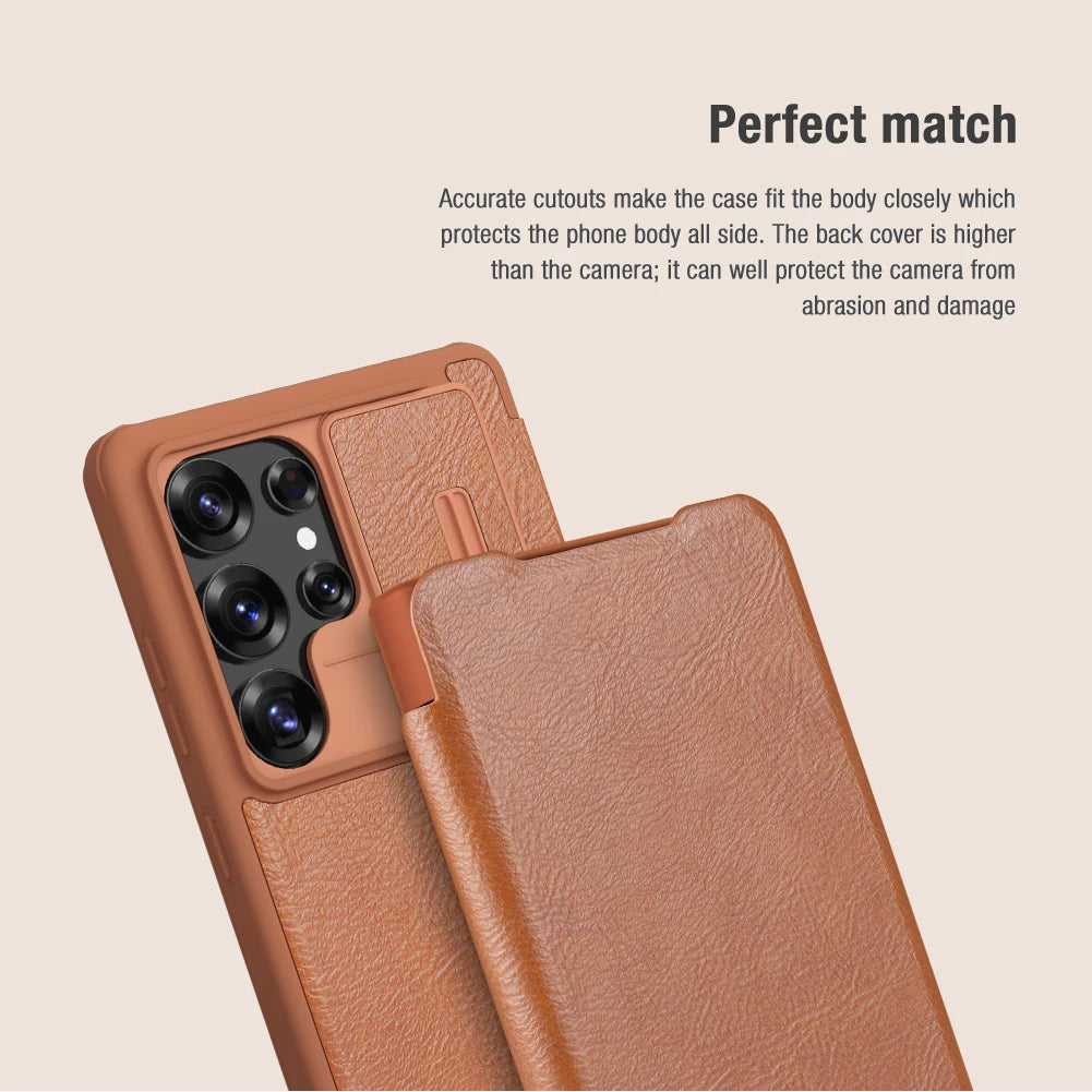 Samsung S25 Plus Flip Leather Case with Camera Cover & Card Slot | Premium