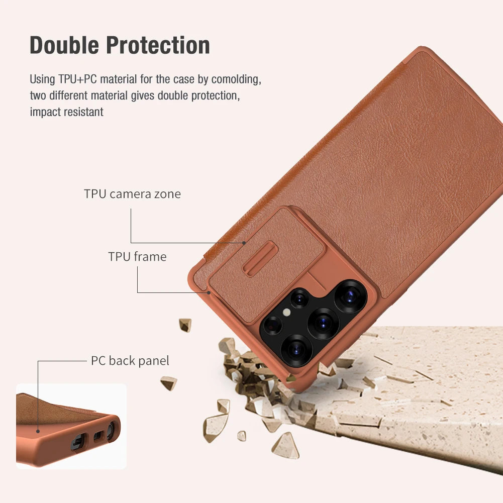 Samsung S25 Plus Flip Leather Case with Camera Cover & Card Slot | Premium