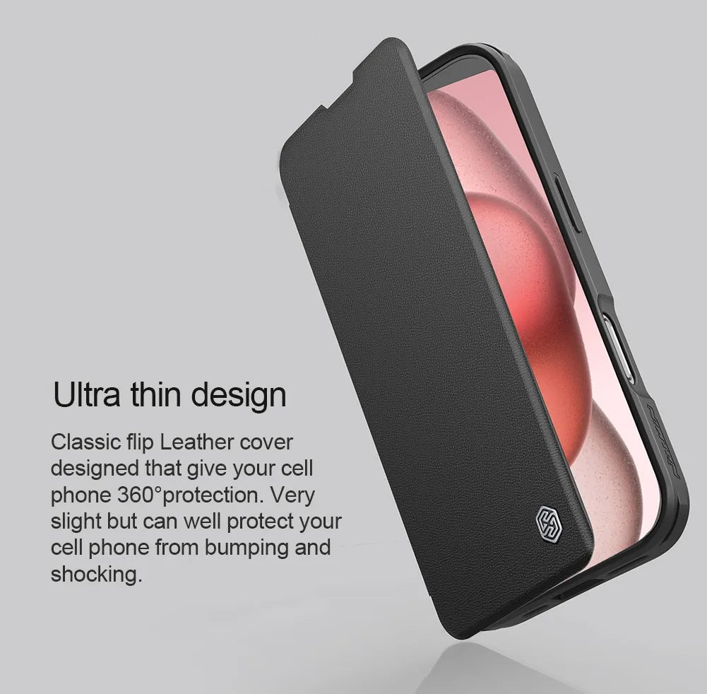 iPhone 16 Leather Flip Case - Card Pocket & Lens Holder
