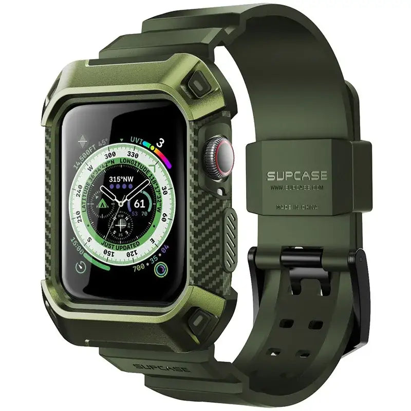 Apple Watch 9/8/7 Case (45mm) | Rugged Protective Cover with Strap Bands - Dark Green - Droptested
