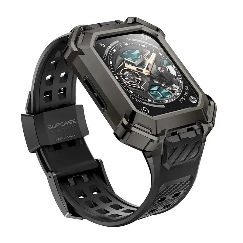 Apple Watch 9/8/7/SE Case (45/44mm) – Metal Rugged Protective Cover with Flexible Strap - Gun - Droptested