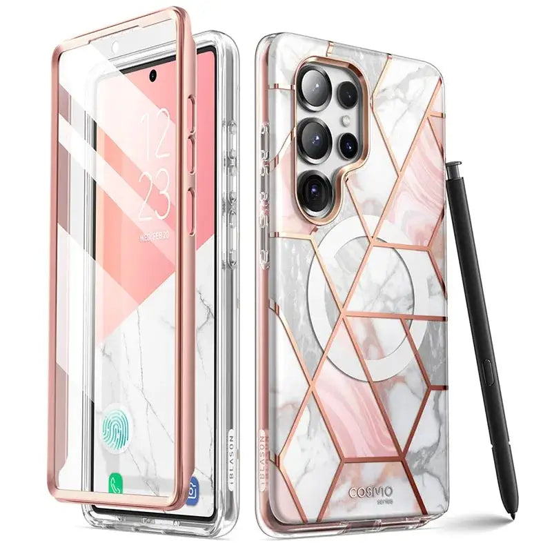 Cosmo Mag Slim Stylish Full-Body Case for Samsung Galaxy S25 Ultra with Built-in Screen Protector - Marble - Droptested