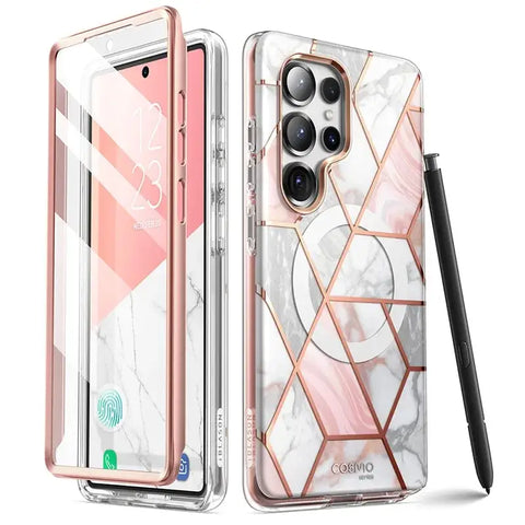 Cosmo Mag Slim Stylish Full-Body Case for Samsung Galaxy S25 Ultra with Built-in Screen Protector - Marble - Droptested