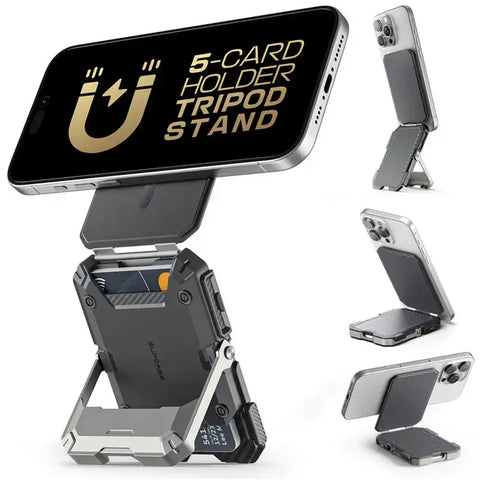 Magnetic Tripod Phone Stand & Card Holder – MagSafe Compatible & Adjustable Kickstand - Silver